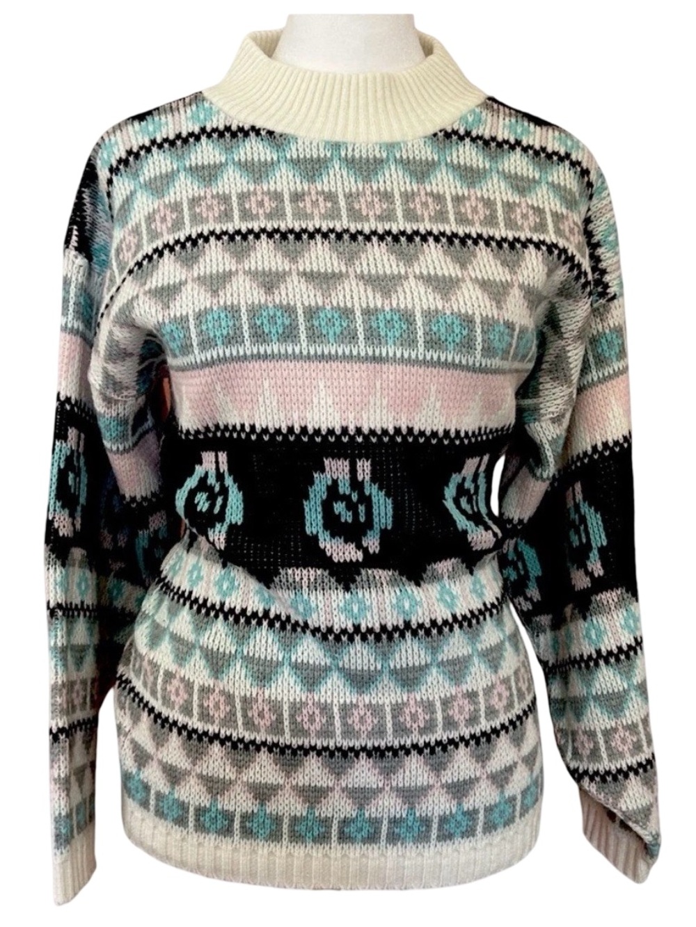 VTG 80s La Vista Fair Isle mock neck Sweater Pastel Pink Blue Geometric Granny M